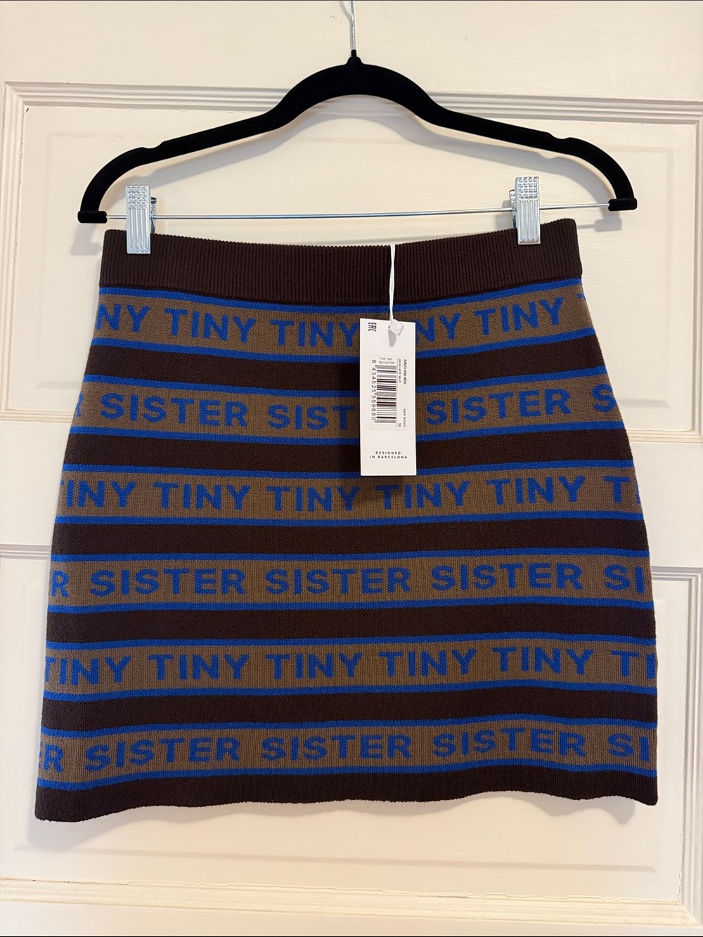 Brown Knit Mini Skirt with Blue Logo Stripes